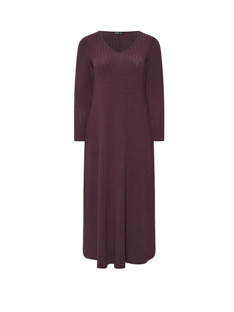 Yours Curve Purple Flared Ribbed Dress - Image 5 of 5