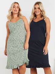 Yours Curve Green Dash Print 100% Cotton Chemises 2 Pack - Image 1 of 8