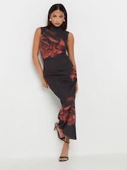 PixieGirl Petite Black Rose Print Floral Mesh Dress - Image 1 of 5