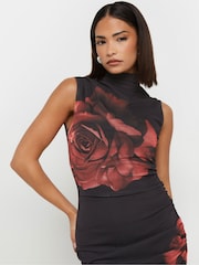 PixieGirl Petite Black Rose Print Floral Mesh Dress - Image 2 of 5