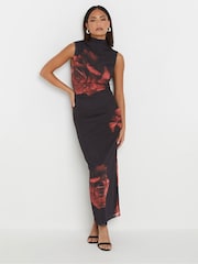 PixieGirl Petite Black Rose Print Floral Mesh Dress - Image 4 of 5