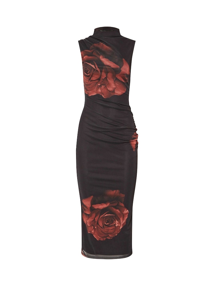 PixieGirl Petite Black Rose Print Floral Mesh Dress - Image 5 of 5