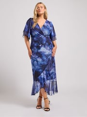 Yours Curve Blue London Wrap Ruffle Mesh Dress - Image 1 of 5