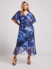 Yours Curve Blue London Wrap Ruffle Mesh Dress - Image 2 of 5