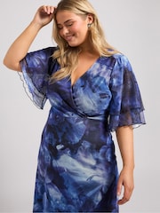 Yours Curve Blue London Wrap Ruffle Mesh Dress - Image 4 of 5