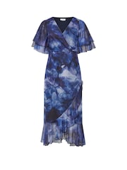 Yours Curve Blue London Wrap Ruffle Mesh Dress - Image 5 of 5