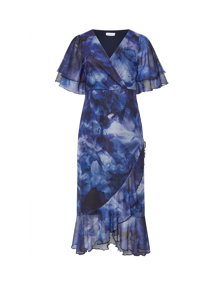Yours Curve Blue London Wrap Ruffle Mesh Dress - Image 5 of 5