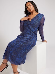 Yours Curve Blue London Twist Front Mesh Maxi Dress - Image 2 of 6