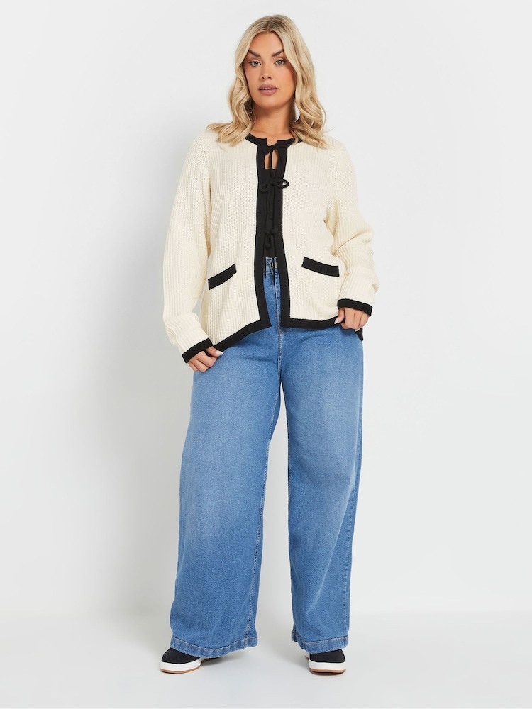 Yours Curve Natural Contrast Tie Front Knitted Cardigan - Image 2 of 5