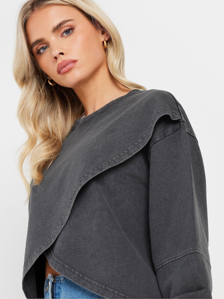 PixieGirl Petite Grey Acid Wash Cross Over 100% Cotton Sweatshirt - Image 2 of 5