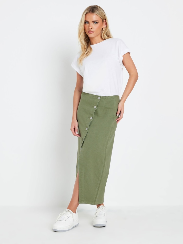 PixieGirl Petite Green Asymetric Button 100% Cotton Skirt - Image 1 of 5