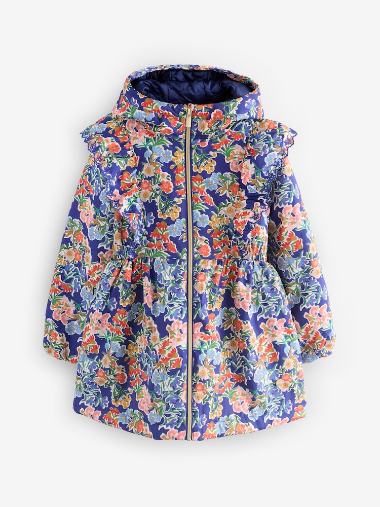 Laura Ashley French Navy Blue Meadow Floral Print Frill Coat - Image 1 of 3