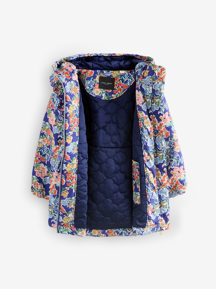 Laura Ashley French Navy Blue Meadow Floral Print Frill Coat - Image 3 of 3