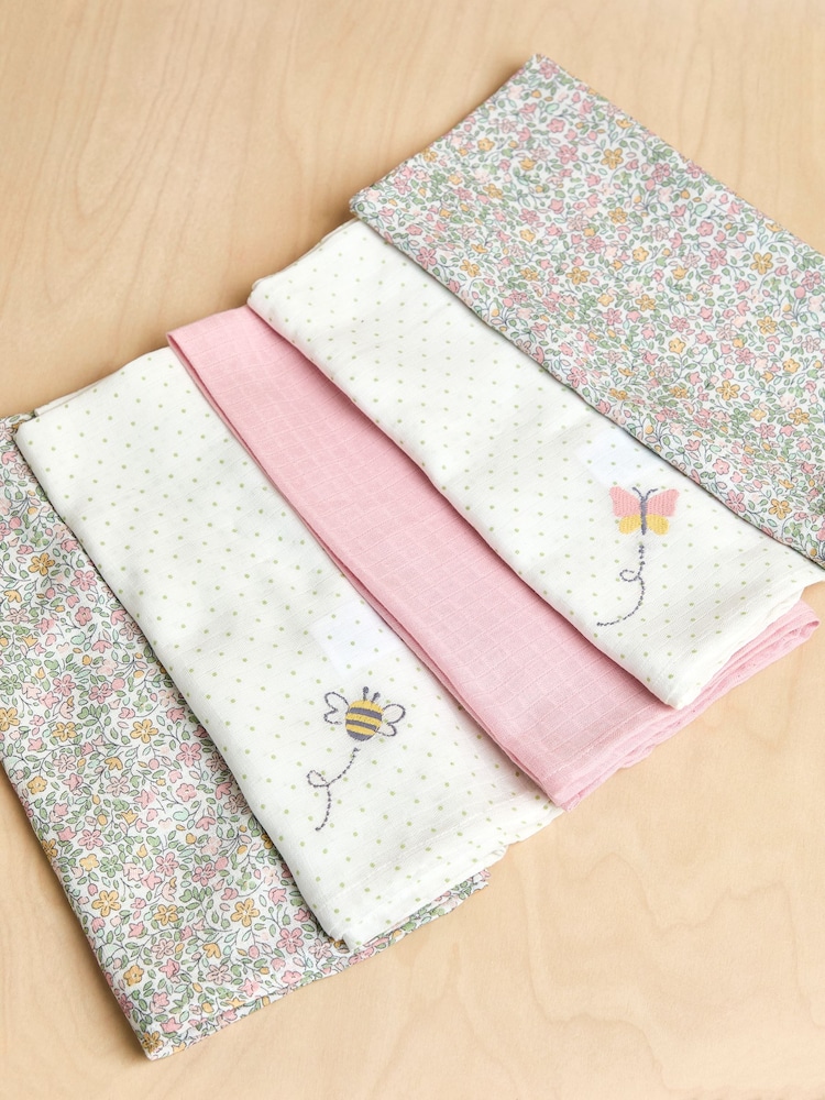 JoJo Maman Bébé Vintage Floral 5-Pack Embroidered Muslins - Image 1 of 6 JoJo Maman Bébé Vintage Floral 5-Pack Embroidered Muslins - Image 1 of 6