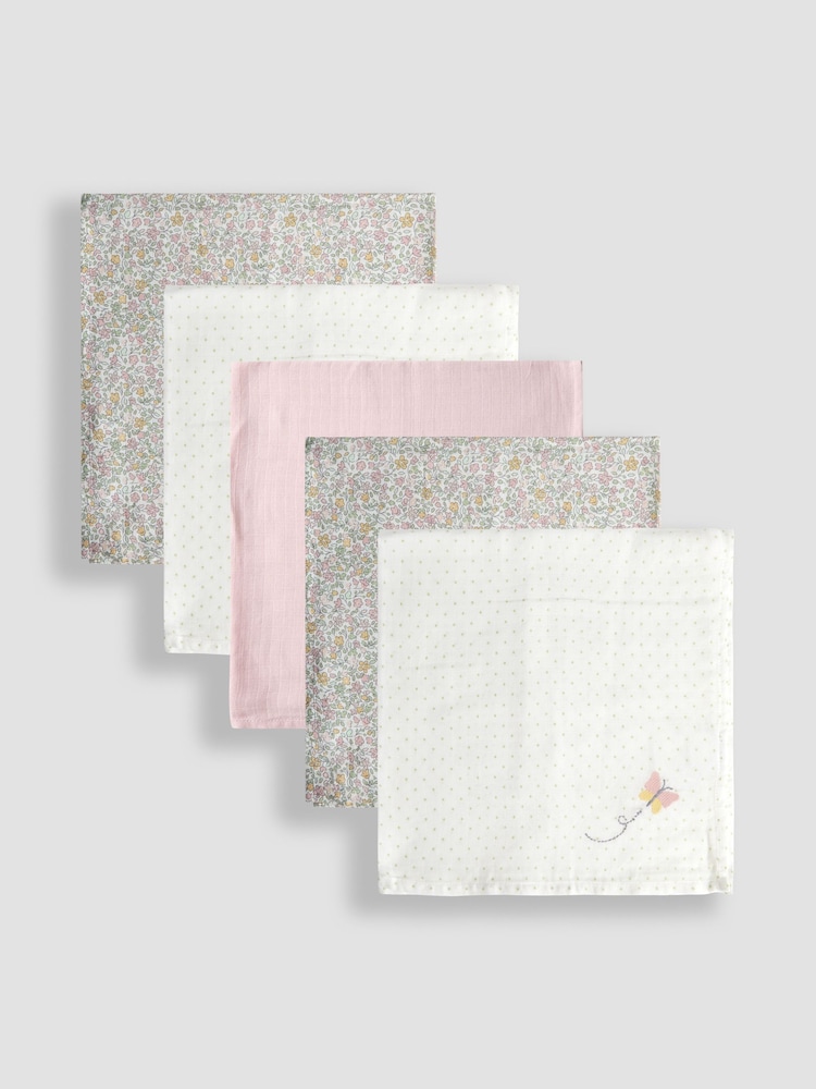 JoJo Maman Bébé Vintage Floral 5-Pack Embroidered Muslins - Image 2 of 6 JoJo Maman Bébé Vintage Floral 5-Pack Embroidered Muslins - Image 2 of 6