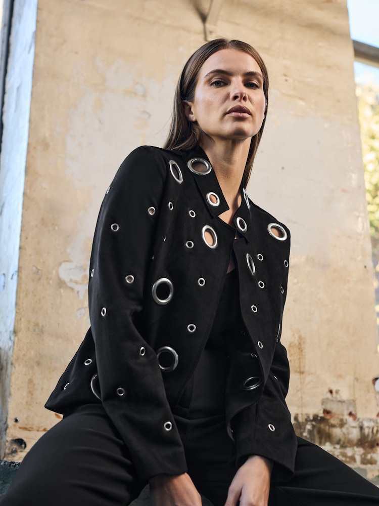 Star by Julien MacDonald Black Eyelet Detail Waterfall Jacket - Image 1 of 6