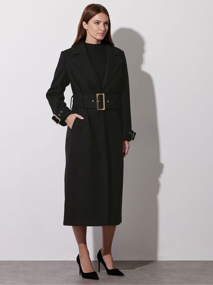 Star by Julien MacDonald Black Buckle Detail Tie Long Coat - Image 1 of 6