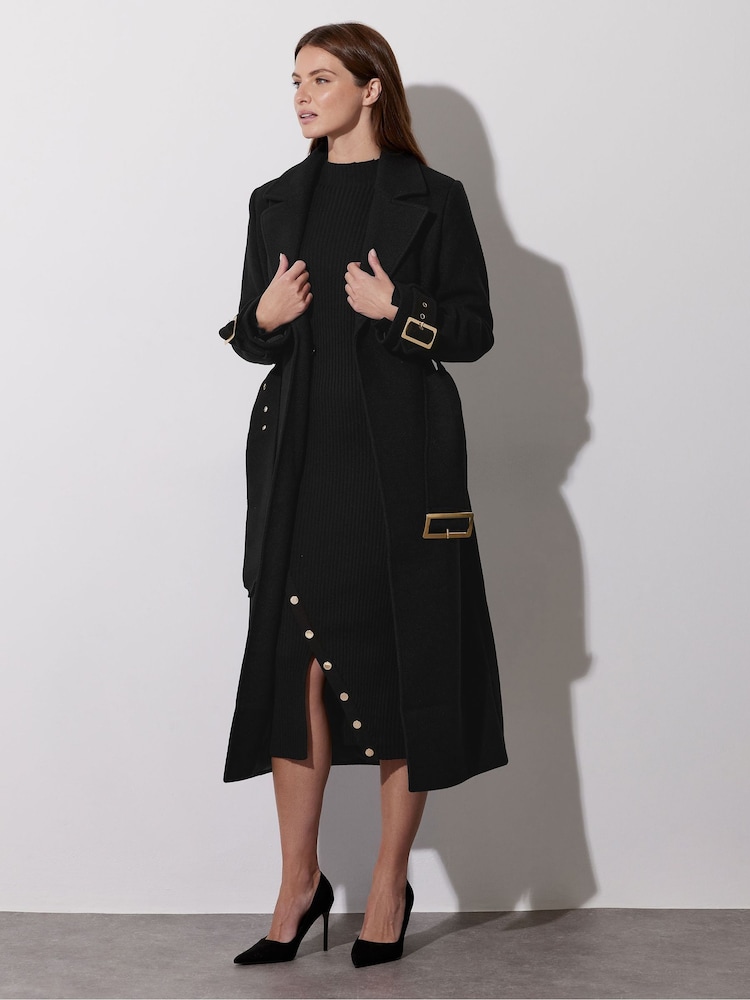 Star by Julien MacDonald Black Buckle Detail Tie Long Coat - Image 2 of 6