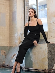 Star by Julien MacDonald Black Knitted Ribbed Studded Detail Dress - Image 1 of 6