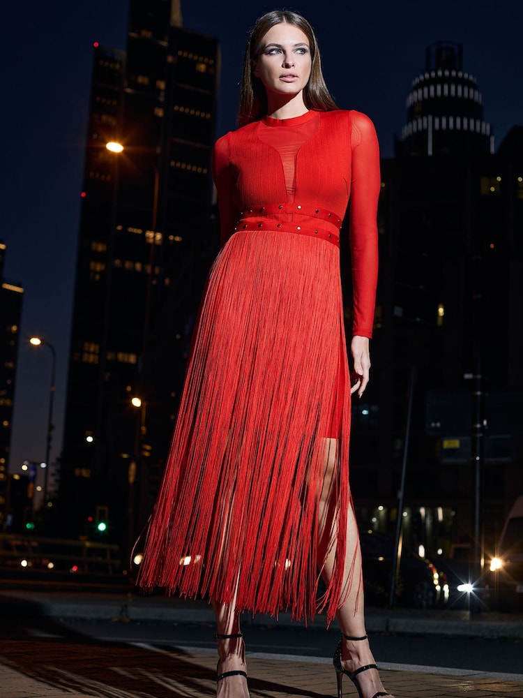 Star by Julien MacDonald Red Bodycon Frill Detail Dress - Image 1 of 6