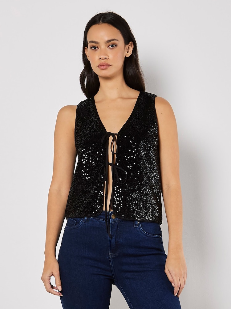 Apricot Black Double Tie Sequin Waistcoat - Image 1 of 4