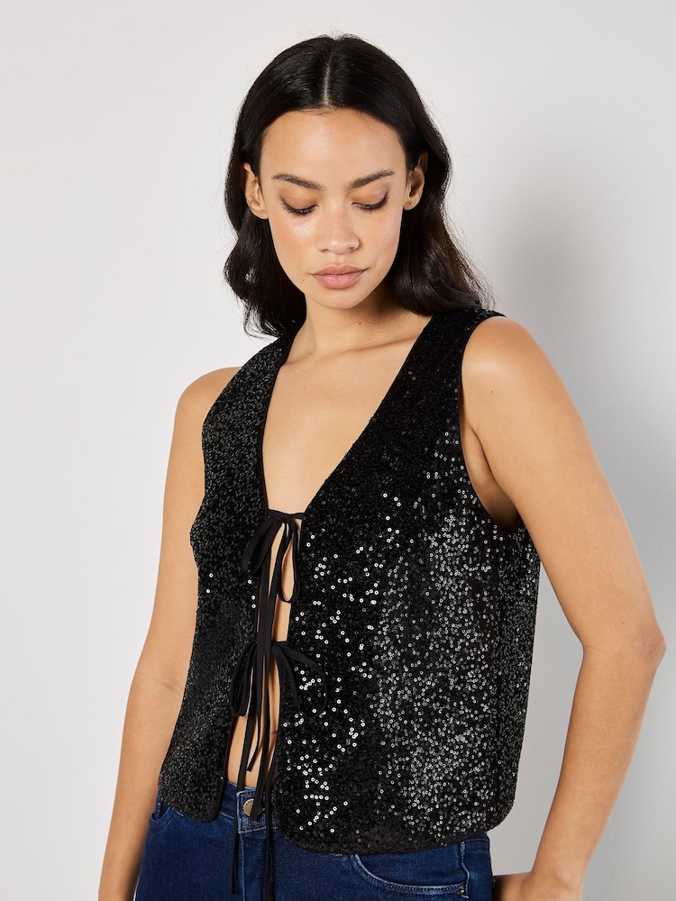 Apricot Black Double Tie Sequin Waistcoat - Image 4 of 4