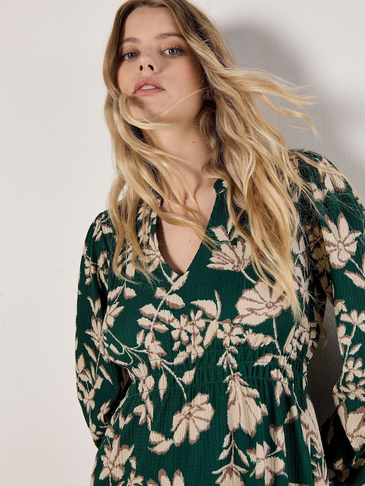 Apricot Green Crinckle Ikat Floral Shirred Dress - Image 2 of 5 Apricot Green Crinckle Ikat Floral Shirred Dress - Image 2 of 5