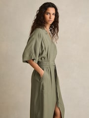 Reiss Khaki Cecilia Petite Shirred-Waist Midi Shirt Dress - Image 1 of 6