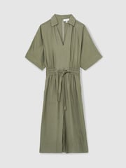 Reiss Khaki Cecilia Petite Shirred-Waist Midi Shirt Dress - Image 2 of 6