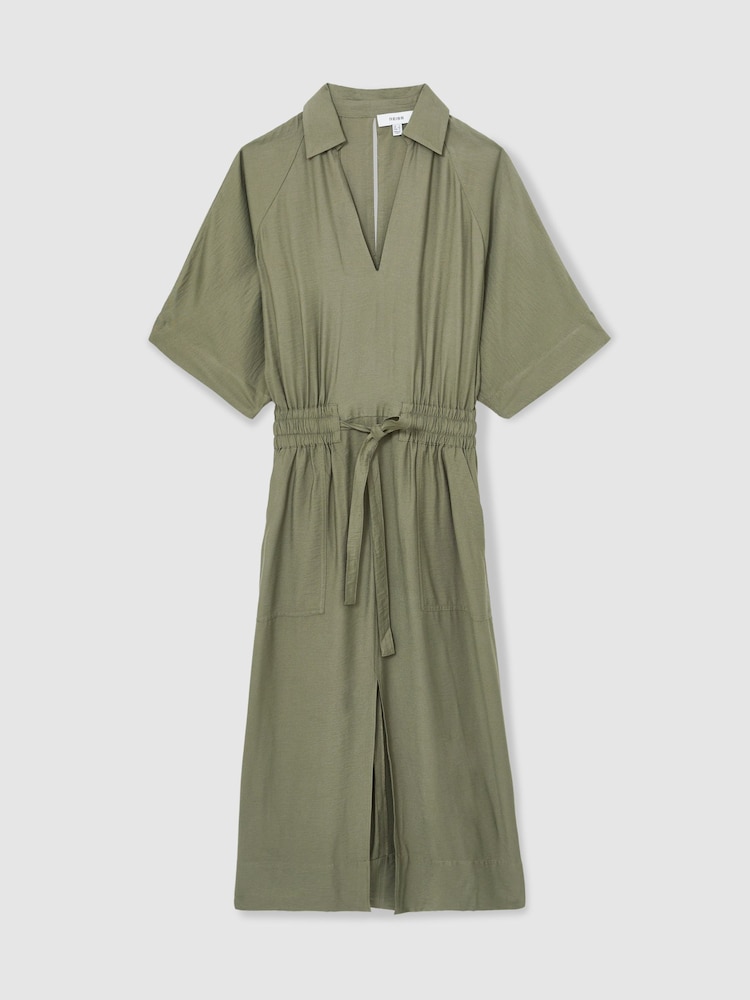 Reiss Khaki Cecilia Petite Shirred-Waist Midi Shirt Dress - Image 2 of 6
