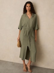 Reiss Khaki Cecilia Petite Shirred-Waist Midi Shirt Dress - Image 3 of 6