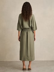 Reiss Khaki Cecilia Petite Shirred-Waist Midi Shirt Dress - Image 4 of 6