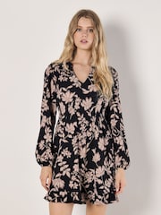 Apricot Black Crinckle Ikat Floral Shirred Dress - Image 2 of 5