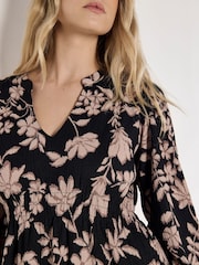 Apricot Black Crinckle Ikat Floral Shirred Dress - Image 3 of 5