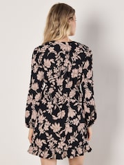 Apricot Black Crinckle Ikat Floral Shirred Dress - Image 4 of 5