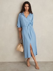 Reiss Blue Cecilia Petite Shirred-Waist Midi Shirt Dress - Image 1 of 6