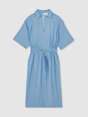 Reiss Blue Cecilia Petite Shirred-Waist Midi Shirt Dress - Image 2 of 6