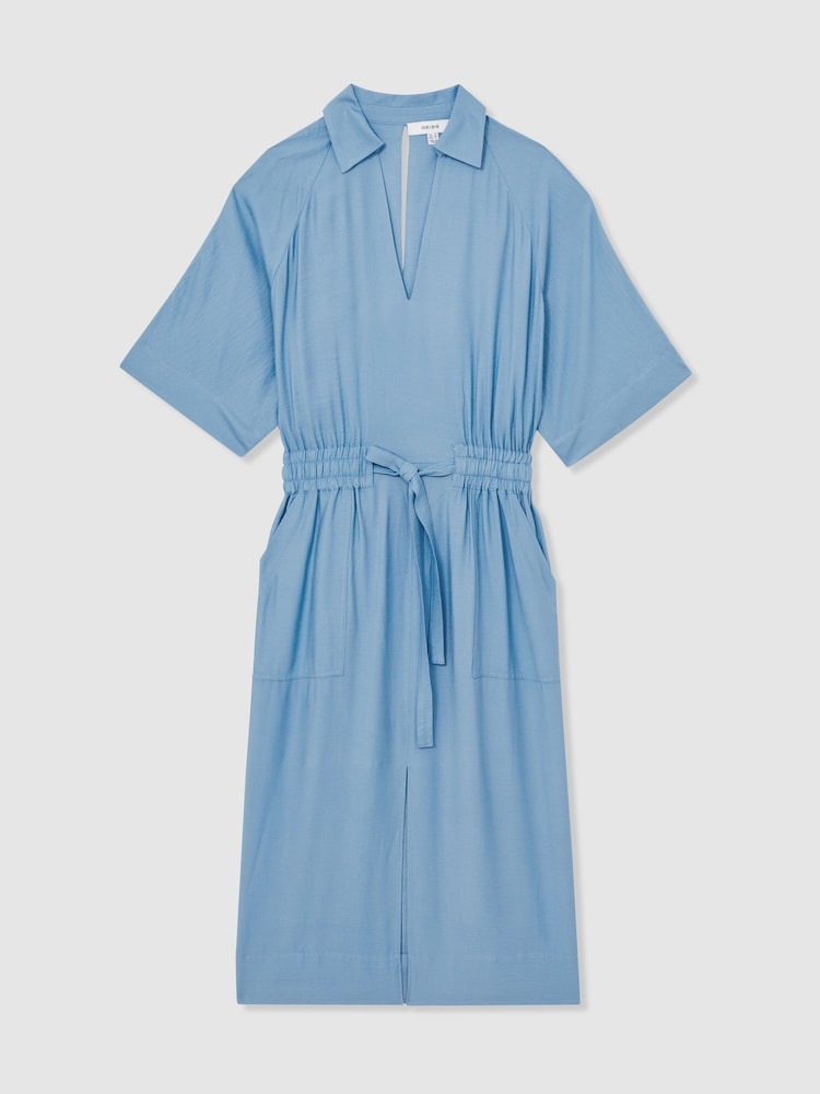 Reiss Blue Cecilia Petite Shirred-Waist Midi Shirt Dress - Image 2 of 6