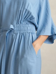 Reiss Blue Cecilia Petite Shirred-Waist Midi Shirt Dress - Image 3 of 6