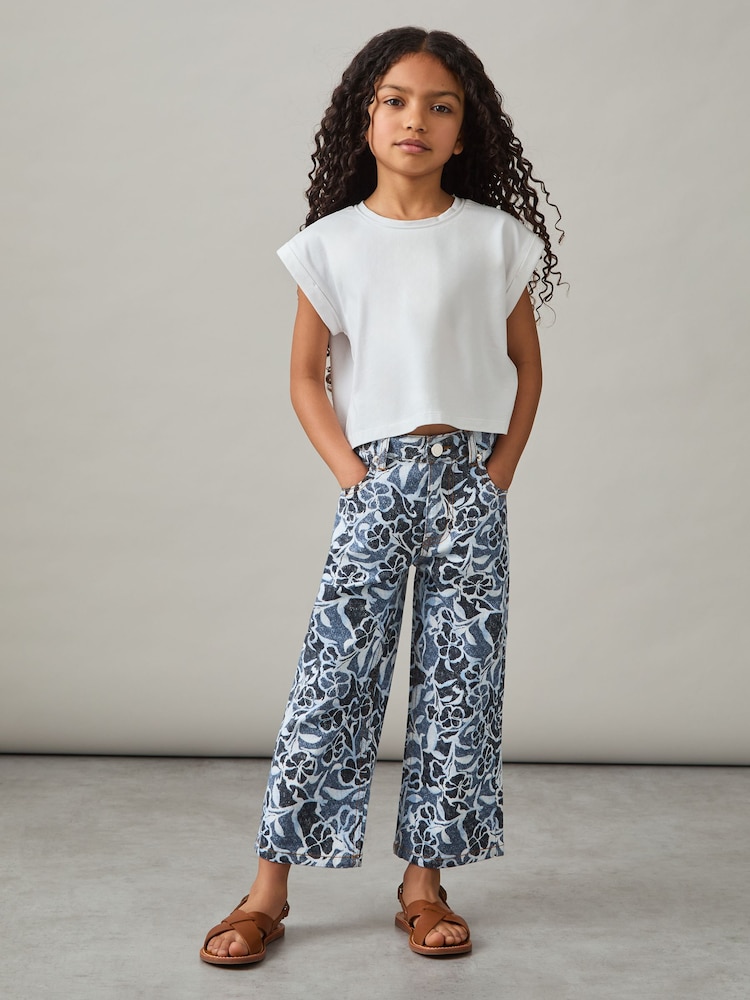 Reiss Blue Skylar 4-9 yrs Floral-Print Straight-Leg Jeans - Image 1 of 5