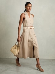 Reiss Neutral Annie Petite Linen Belted Sleeveless Midi Dress - Image 1 of 6