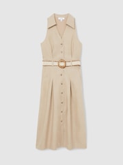 Reiss Neutral Annie Petite Linen Belted Sleeveless Midi Dress - Image 2 of 6