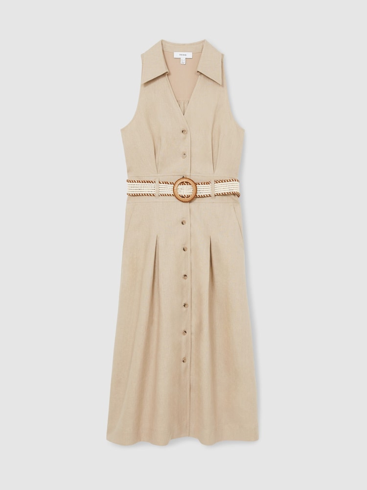 Reiss Neutral Annie Petite Linen Belted Sleeveless Midi Dress - Image 2 of 6