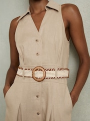 Reiss Neutral Annie Petite Linen Belted Sleeveless Midi Dress - Image 3 of 6
