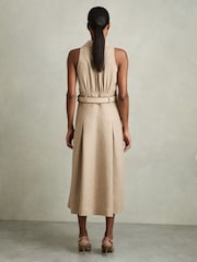 Reiss Neutral Annie Petite Linen Belted Sleeveless Midi Dress - Image 4 of 6