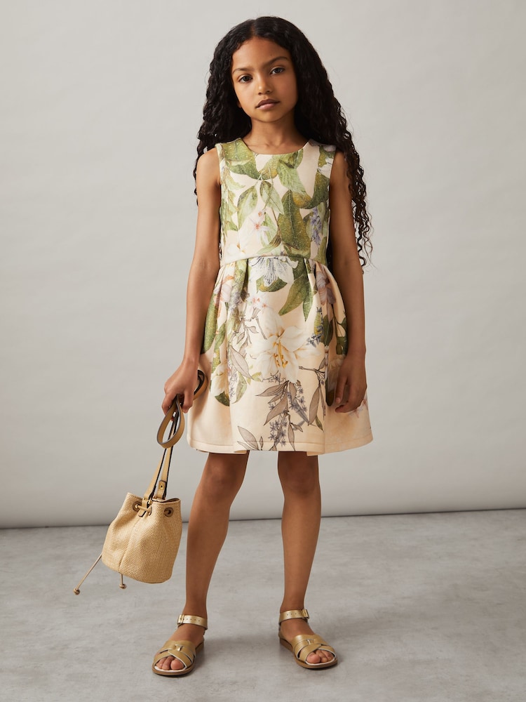 Reiss Pink Print Trinny 13-14 yrs Floral Scuba Sleeveless Dress - Image 2 of 4