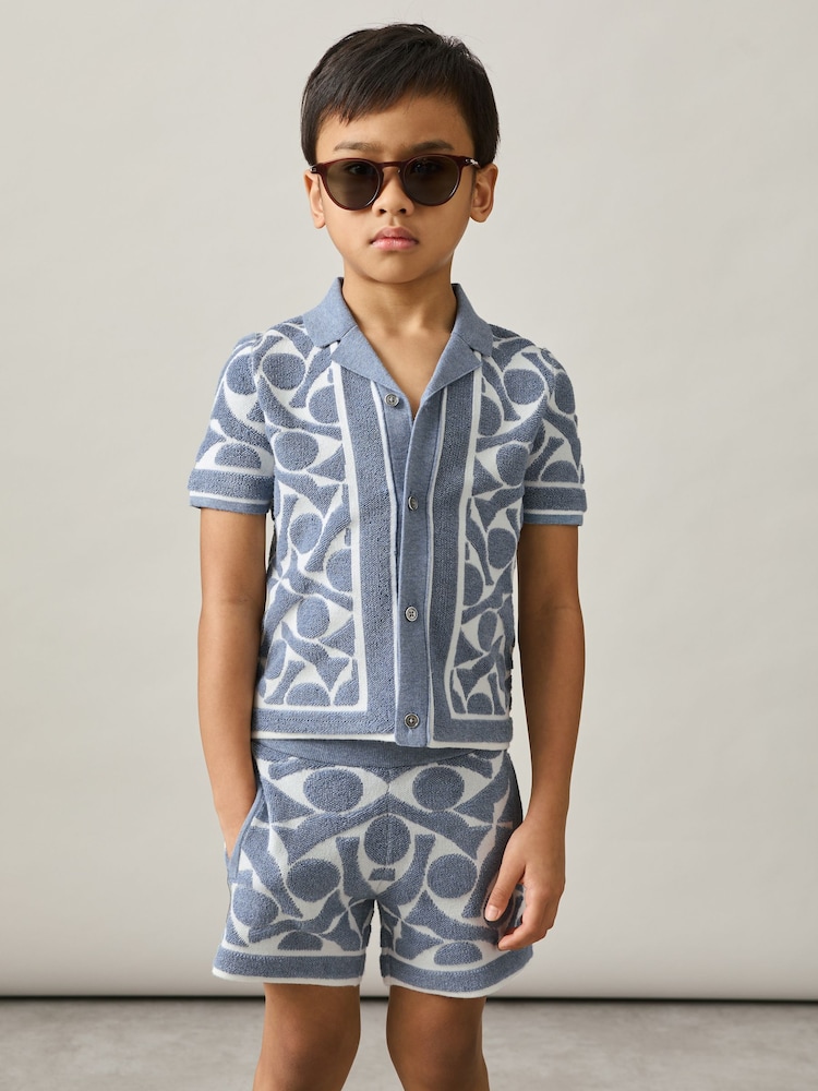 Azul claro/blanco - Reiss Vounder Abstract-Pattern Towelling Shorts - Imagen 1 de 4