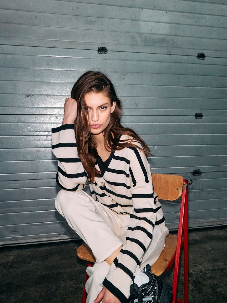 NOISY MAY Cream Striped Long Sleeve Knitted Button Down Cardigan - Image 2 of 3 NOISY MAY Cream Striped Long Sleeve Knitted Button Down Cardigan - Image 2 of 3