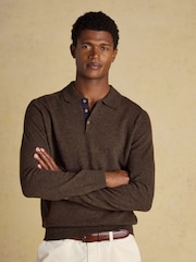 Joules Sampson Lambswool Brown Long Sleeve Knitted Polo Shirt - Image 1 of 5