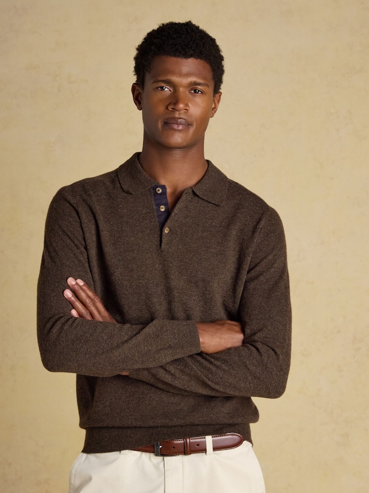 Joules Sampson Lambswool Brown Long Sleeve Knitted Polo Shirt - Image 1 of 5